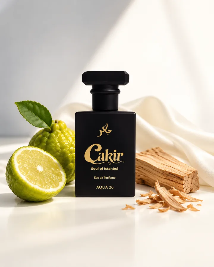 Aqua 26 concept: bergamot, cedarwood and pale fabric symbolizing musk